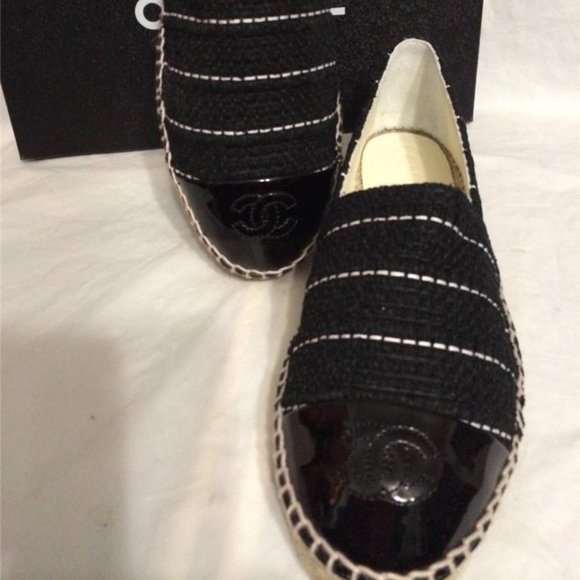 CHANEL 15S 2015 Classic Tweed Patent Cap Toe CC Logo Espadrilles Flats Shoes - Picture 5 of 11